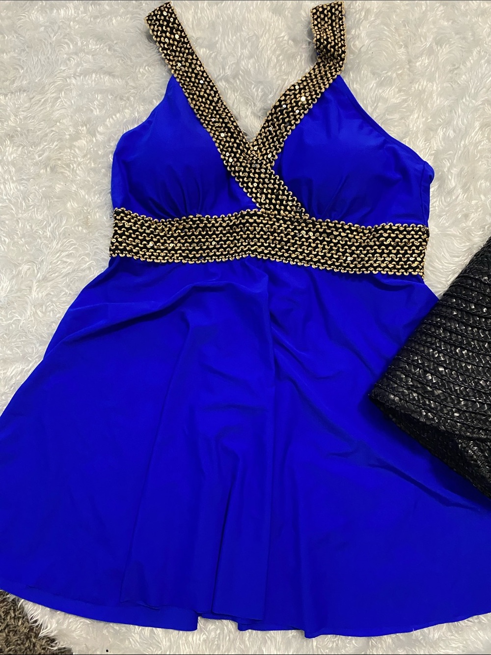 Royal Blue V-Neck Dress with Gold Trim